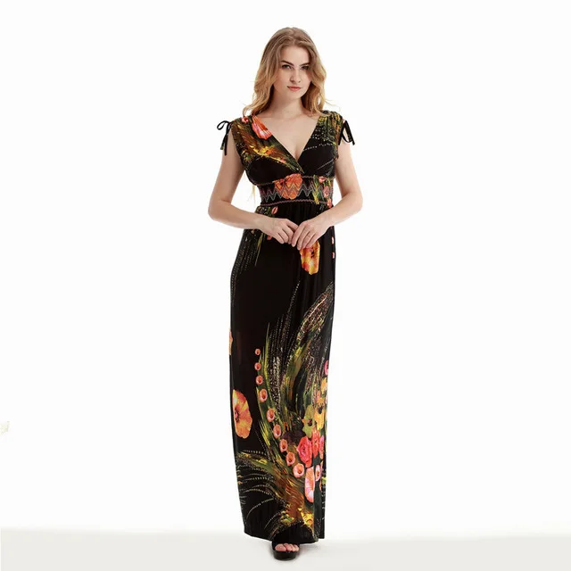 Черный Women Summer Vintage Vintage ukraine Boho Beach Clothing Ladies Bohemian Print Maxi Long Dress Plus Size 6XL Vestido - Цвет: Черный