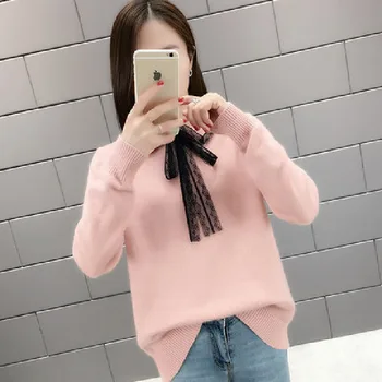 

Lucyever Korean Lace Women Pullover Sweater Fashion Autumn Bowknot Jumper Top Casual Loose Winter Blouse Sweater Femme 2020