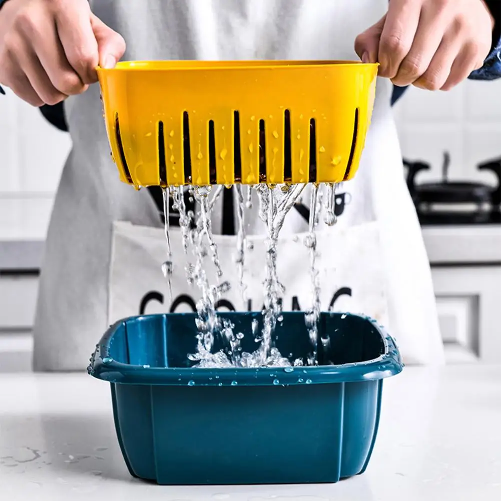 Double Layer Kitchen Fruits Vegetables Washing Drain Storage Basket with Lid | Дом и сад