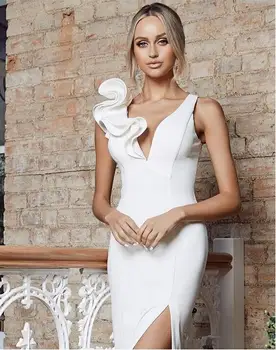 

2020 New Fashion Women Sexy V Neck Designer White Bandage Dress Elegant Evening Celebrity Chic Party Dress Vestido