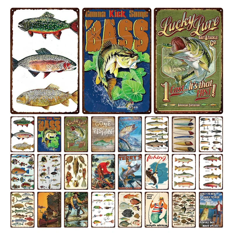 

American Retro Iron Painting Fisherman And All Kinds Of Fish Metal Craft Plaque Abstract Wall Decoration For Restaurant Home