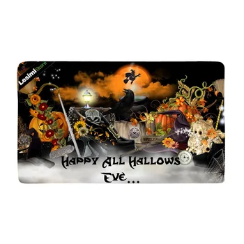 

Halloween Doormat, Halloween Themed Asymmetric Caste with Scary Bats and Ghosts Full Moon, Decorative Polyester Floor Mat with