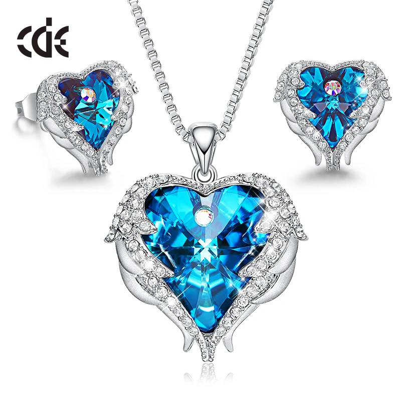 Cde女性のための天使の羽ハートクリスタペンダントで設定ネックレスイヤリング Aliexpress Jewelry Accessories
