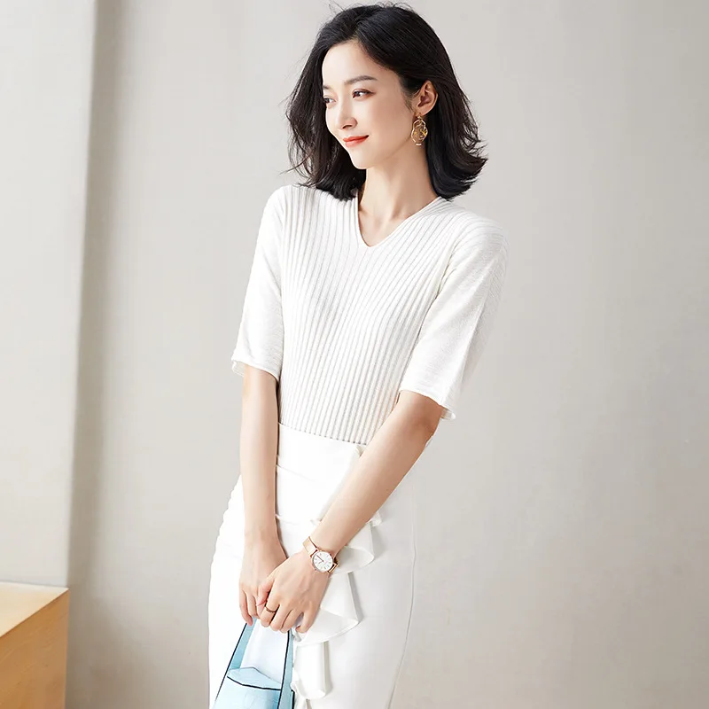 21 Summer Autumn Office Lady Knitted V Neck Slim Sweater White Black Short Sleeve Size S 2xl Women Pullover Jl Hy35 Pullovers Aliexpress