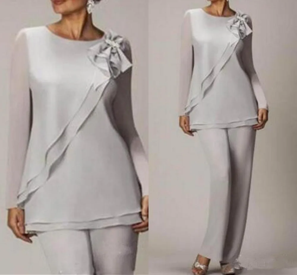 Graceful Silver Chiffon Mother Of The Bride Pant Suits Simple Cheap Long Sleeves Weddings mother of the bride dresses Two Pieces Graceful Silver Chiffon Mother Of The Bride Pant Suits Simple Cheap Long Sleeves Weddings mother of the bride dresses Two Pieces