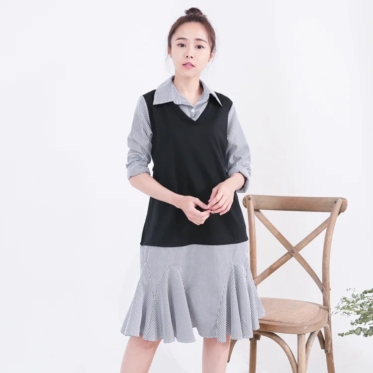 

Foreign Trade 2018 New Style Fall And Winter Clothes Pregnant Women Dress-Style Mock Two-Piece Mid-length Maternity Dress Nursin