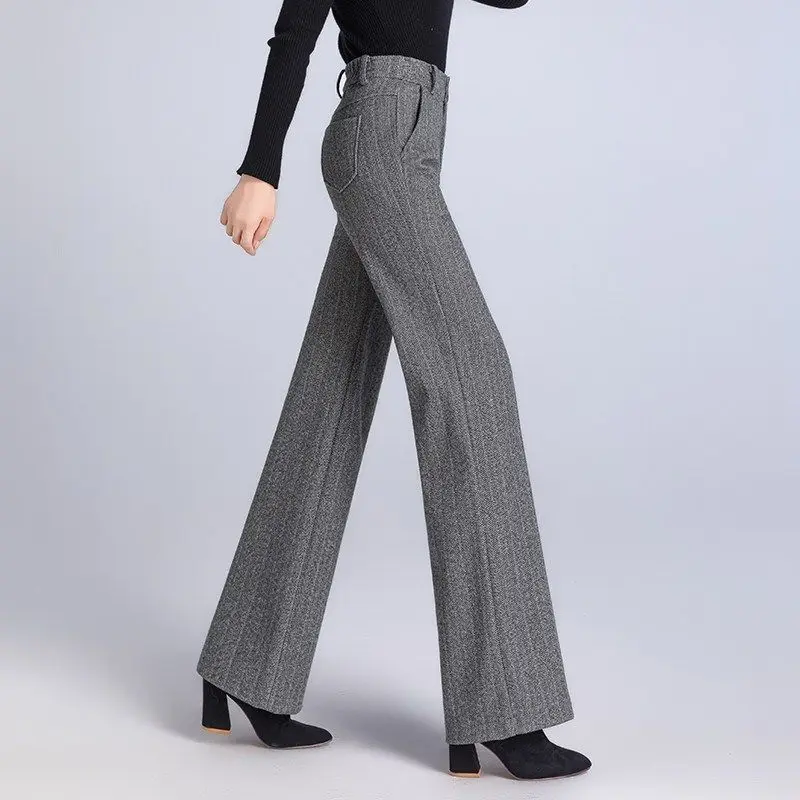 Autumn Winter Wool Wide Leg Pants Womens Fashion Striped Herringbone  Thickened Warm High Waist Loose Straight Ol Casual Trousers - Pants &  Capris - AliExpress