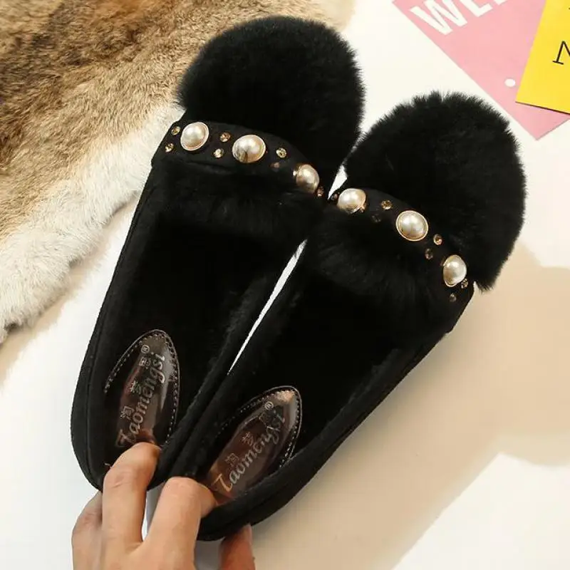 

Plush Women Flats Shoes Fur Warm Loafers Pearl Round Toe Genuine Leather Wool Lady Moccasins Large Size Autumn Winter Footwear