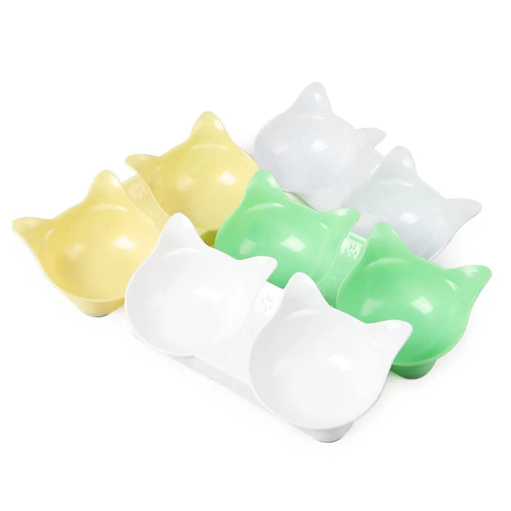 2 in 1 Cute Cat Ears Shape Tilt Pet Double Bowl Multifunction Dog Cat Puppy Kitten Food Utensils Water Feeder Dish Pet Product