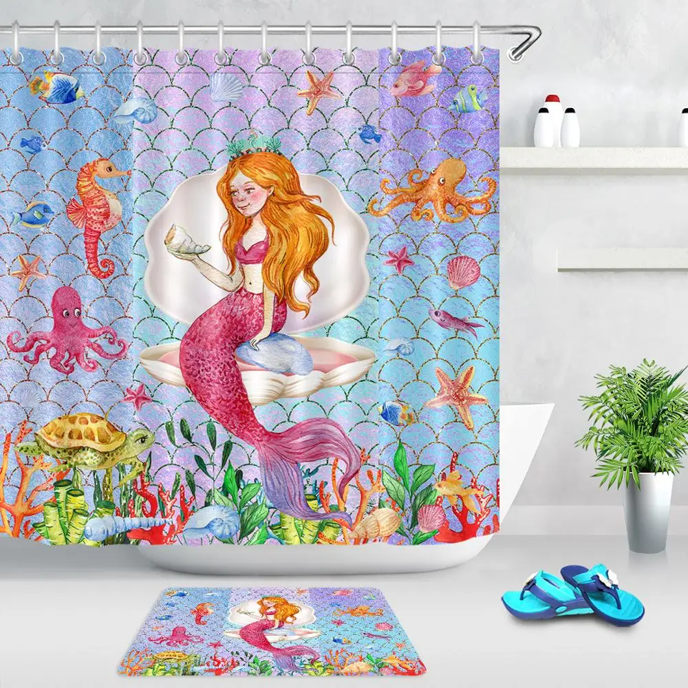Занавеска для душа в виде русалки из мультфильма морская лошадь осьминог