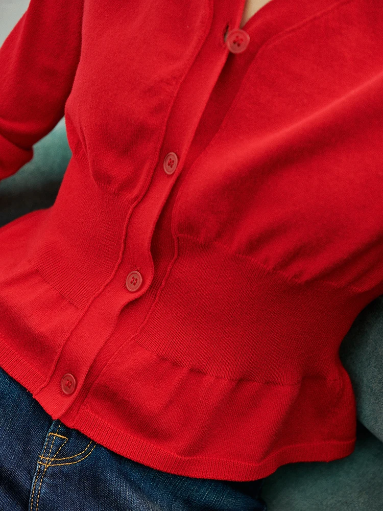 Autumn Women red Lace Up Waist Cardigans Women Deep V Neck Cropped Cardigan soft sweater Drop Shoulder Ribbed Knit Cardigan