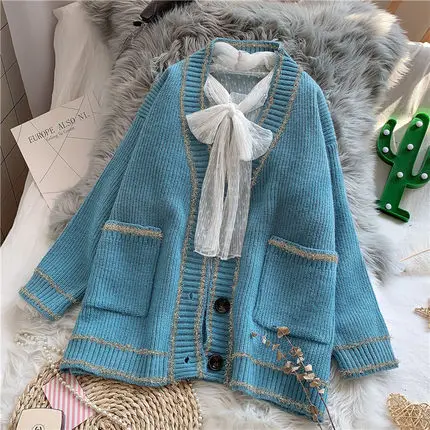 blue Fdfklak, свитер, пальто, женский кардиган, свободный, толстый Топ,, Осень-зима, небольшой аромат, ветер, ленивый, верхняя одежда, свитер для женщин - Цвет: blue