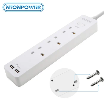 

NTONPOWER Extension Lead Wall Mounted Electrical Plug Board with 3 AC Sockets 2 USB Charger for Home UK Plug Office 1.5M Cord