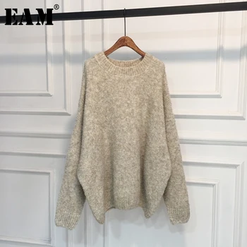 

[EAM] Orange Big Size Knitting Sweater Loose Fit Round Neck Long Sleeve Women Pullovers New Fashion Autumn Winter 2020 1W880