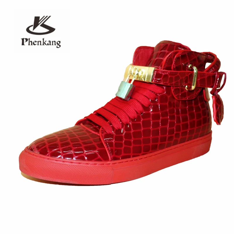 Phenkang Men Embossed Crocodile High Top Sneakers Lock Lace Red Flats Real Leather Designer Boots Men&lsquo;s Casual Shoes
