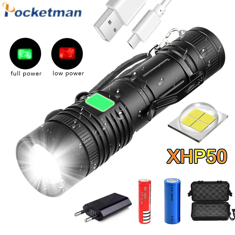 

60000LM Ultra Bright flashlight XHP50 LED light USB rechargeable Torch Zoom T6 Clip flashlight with 18650 battery