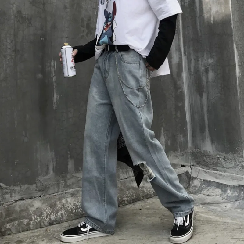 

Hole Jeans Men Fashion Washed Solid Color Casual Straight Denim Trousers Man Streetwear Wild Hip Hop Loose Jeans Male Clothes