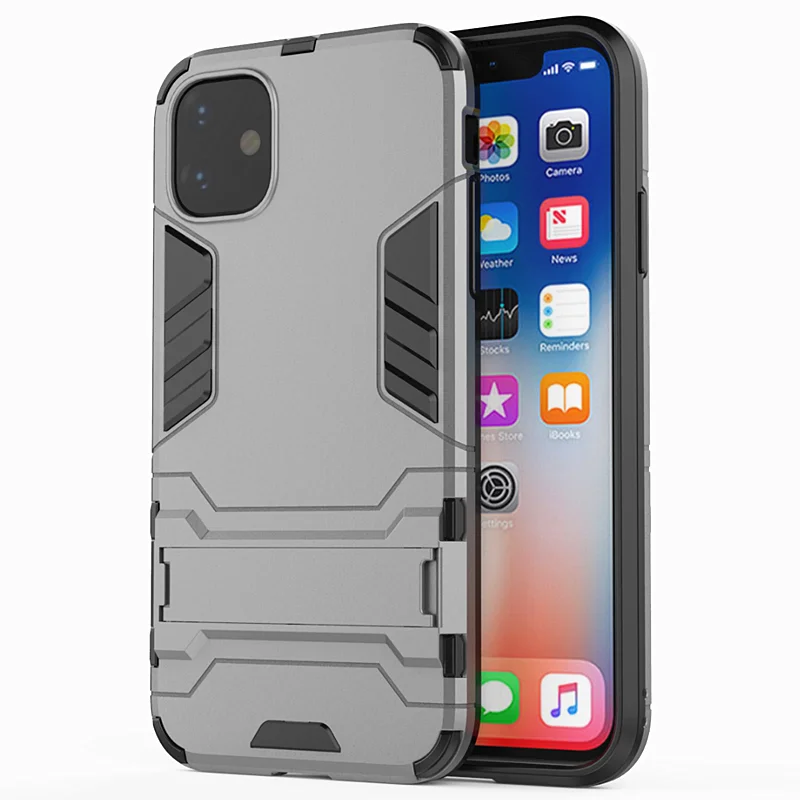 Grey Гибридный противоударный защитный чехол-подставка для телефона для iPhone 11 Pro MAX X XS Max XR 7 8 6 6S Plus 5 5S 5C кронштейн держатель чехол - Цвет: Grey