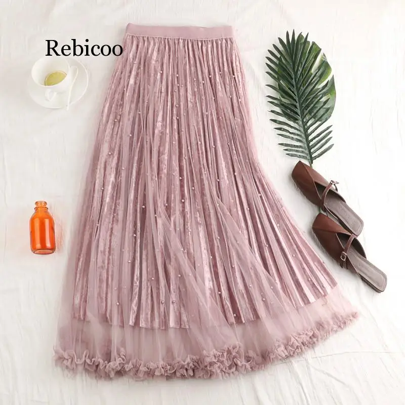 Модная бархатная юбка из тюля с бисером для женщин, весна, элегантная длинная юбка макси, Женская плиссированная юбка с высокой талией для девочек