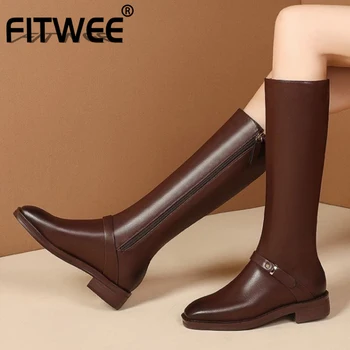 

FITWEE Real Leather Women Knee Boots Flats Square Toe Zipper Shoes Buckle Warm Boots Fashion Women Party Footwear Size 35-43