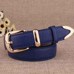 High-Quality Women's Leather Belt with Gold Buckle - 115CM (Blue)