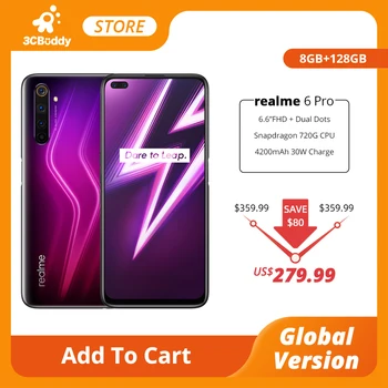 Перейти на Алиэкспресс и купить Realme 6 Pro мобильный телефон 8 ГБ ОЗУ 128 Гб ПЗУ 90 Гц глобальная версия Snapdragon 720G 30 Вт флэш-зарядка 64MP камера смартфон 6,6 дюймов