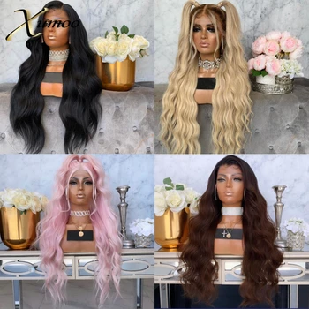 

XUMOO Cheap Synthetic Lace Front Wig Long Body Wave High Temperature Fiber Pink Synthetic Wig With Baby Hair Wigs For Women