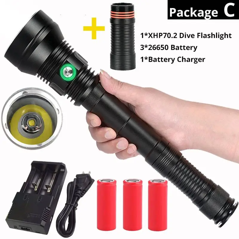 3 26650 Battery Высокая мощность XHP70.2 Профессиональная мощность ful IP8 Дайвинг флэш-светильник подводный 200 м Водонепроницаемый Подводное погружение фонарь светильник лампа использование 26650 - Испускаемый цвет: 3 26650 Battery
