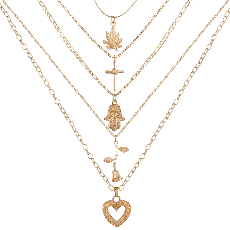 

Bohemian Multi layer Pendant Necklaces For Women Fashion Gold Heart Rose Leaf Cross Charm Chains Necklace 2019 Fashion Jewelry