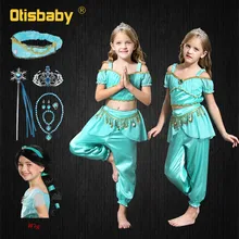 Костюм с лампой для Хэллоуина, Аладдин, детская нарядная сказочная принцесса Жасмин, платье, комплект одежды для девочек, зеленая танцевальная одежда для живота