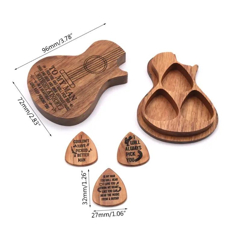 New 4pcs Wooden Guitar Pick Box with 3 Picks 3 Compartments Paddles Wood Container