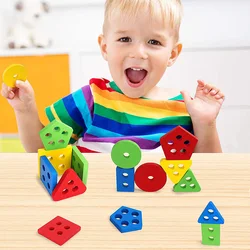 Wooden Montessori Sorting Stacking Toy Geometric Building Block Color Shape Recognition Learning Educational Toy