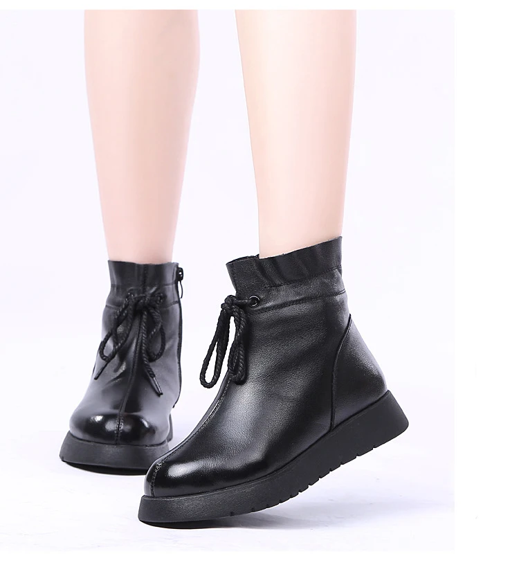 30℃ Wool Fur warm Cow Leather ankle boots women winter Genuine Leather botas Lace up plush Cotton snow Boot Slip On shoes