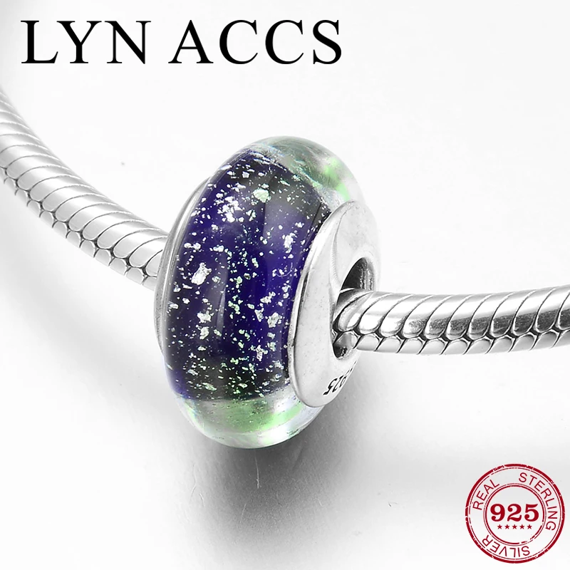 Fine Charm Beads 925 Sterling Silver Aurora Night Blue Munaro Glass beads Fit Original LYNACCS Charms Bracelet necklace Jewelry | Украшения