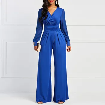 

Plain Pleated Wide Legs Women's Jumpsuits Royal Blue Elegant African Autumn Female Jumpsuits Rompers 2019 Loose High Waist