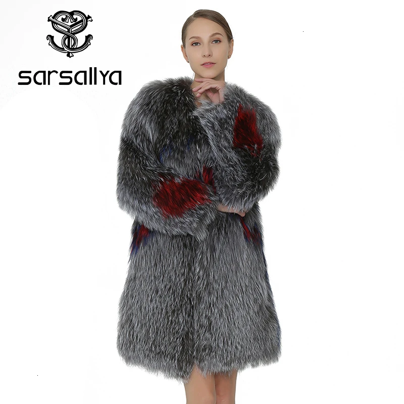 Sarsallya Для женщин реальный серебряный Лисий мех пальто длинное пальто Для женщин куртка меховой жилет зима натурального меха лисы верхняя одежда с натуральным мехом пальто