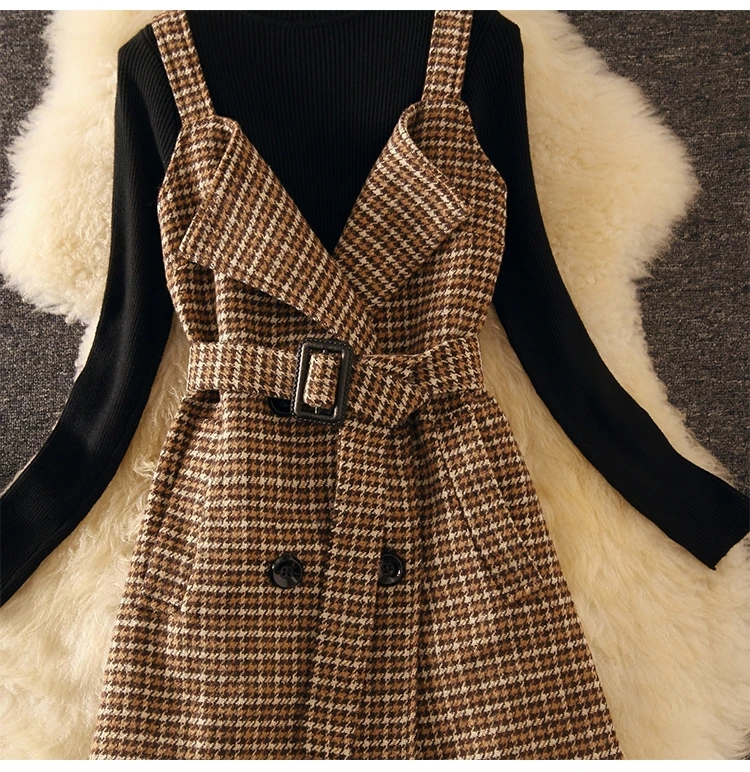 Женский модный комплект из 2 предметов больших размеров, осенний Черный стрейчевый свитер+ двубортное твидовое платье на бретельках с поясом, комплект женской одежды
