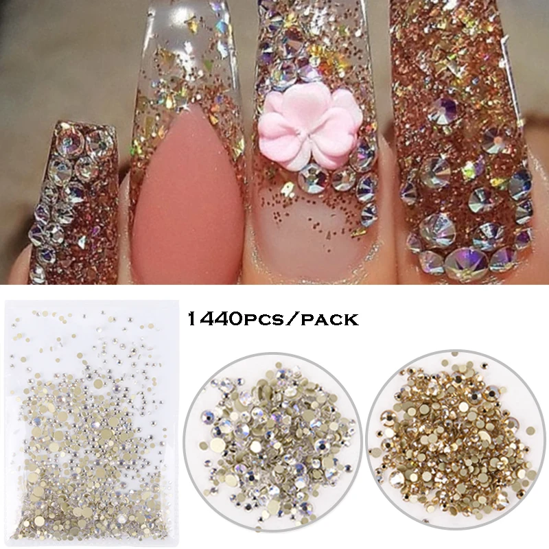 

1440pcs Mixed Size Nail Rhinestones Diamond Glitter Crystal AB Flatback Glass Gems DIY tips 3D Nail Art Decorations Manicure