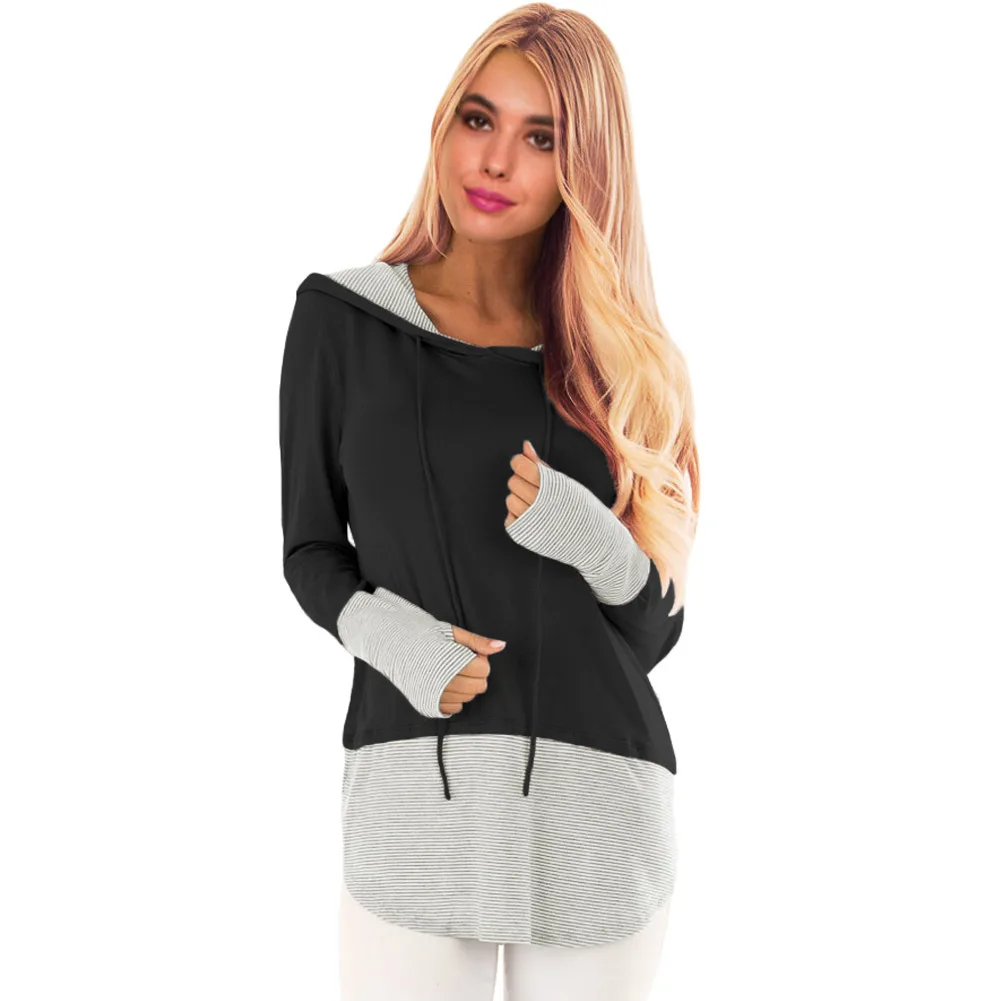 

Leisure Sports Hat Guard Women's Long Sleeves New Colour-Coloured Spliced Topcoat of 2019Pinstriped Patchwork Green Thumbhole