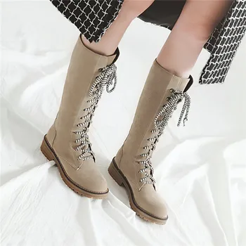 

2018 Winter Womens Cross Tied Mid Calf Lace Up Long Block Low Heel Knight Riding Motorcycle Boots Ladies Shoes Plus Size