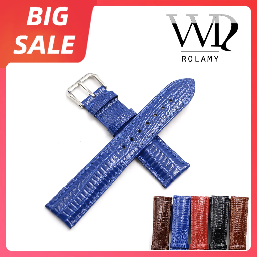 

Rolamy 18 20 22mm Blue Red Real Leather Lizard Grain Watch Band For Tag Heuer Omega Montblanc Panerai Rolex Tissot IWC Breitling