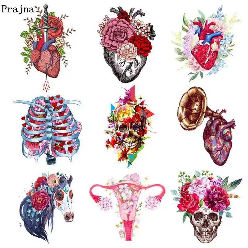 

Prajna Punk Heart Stickers Iron On Heat Transfers Vinyl Thermal Patches For Clothing Applique DIY Skull Patches For Coat Jacket
