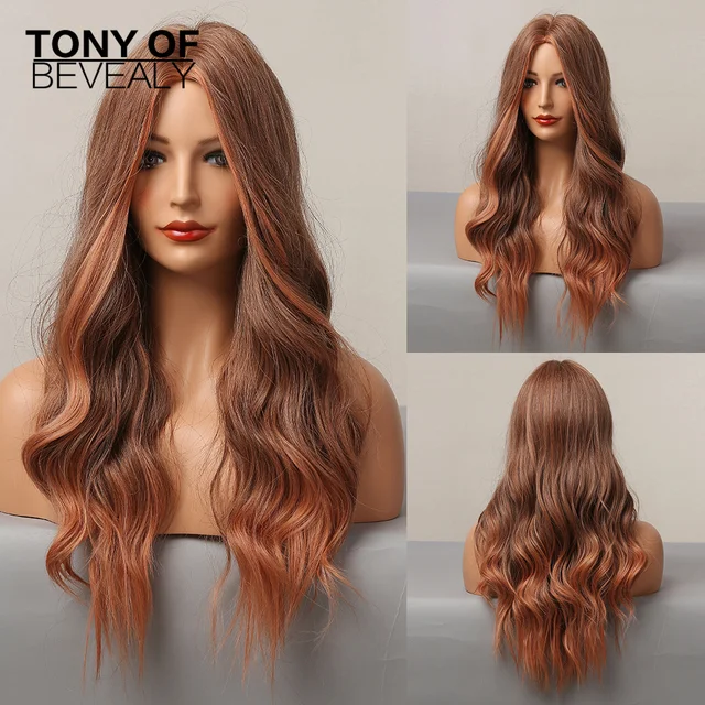 Long Water Wavy Synthetic Wigs Ombre Brown Middle Part Natural Hair Wigs For Women Cosplay Wigs Heat Resistant Fiber LC5112-1