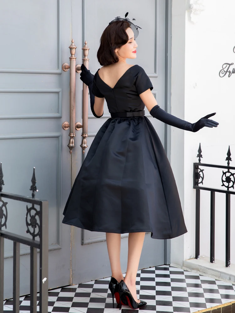 Entretenimiento abrazo instante Audrey Hepburn-vestido negro Vintage francés, elegante vestido de tutú de  cintura alta, línea A, cuello en V, Vestidos de fiesta _ - AliExpress Mobile