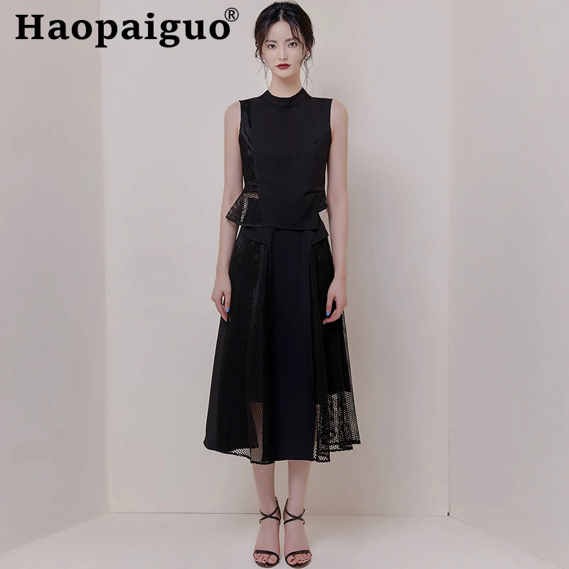 

2019 Summer Modis Casual Streetwear 2 Piece Set Sleeveless Tank Blouse and Mesh Patchwork Wrap Black Skirt Women's 2 Piece Set