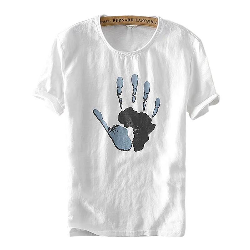 Summer Fashion Brand Male T Shirts Cotton Linen Splicing Short Sleeve