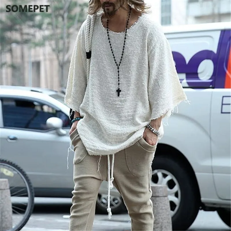 Autumn Men Long Sleeve O Neck Sweater Casual Knitted Loose Tops Harajuku Thin White Solid Mens Pullovers Pull Homme Streetwear