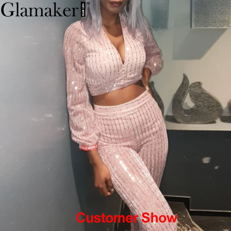 Glamaker женский комбинезон 3 шт. с блестками сексуальный широкие ноги для вечеринок