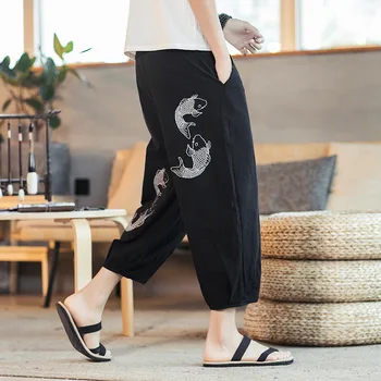 

#0618 Summer Black Cotton Linen Wide Leg Pants Men Embroidery Fish Casual Vintage Calf-length Plus Size 5XL Harem Trousers Loose