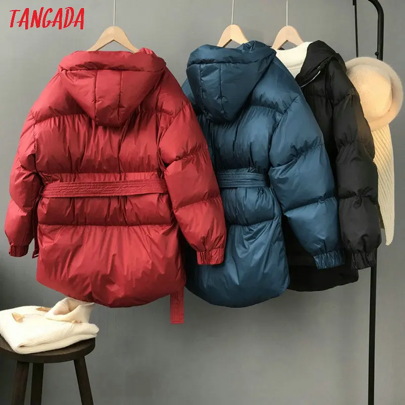 Tangada Женская однотонная парка больших размеров с поясом с капюшоном на молнии зимнее женское теплое пальто корейская модная куртка ATC01